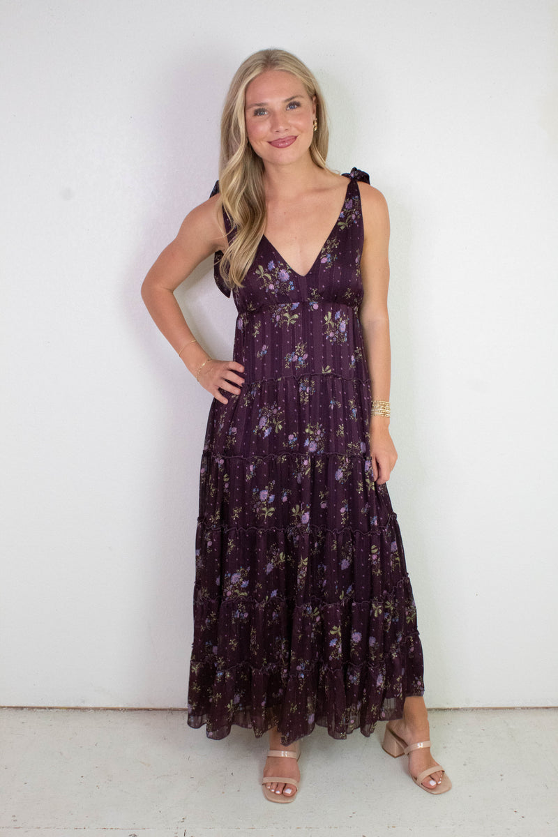 Gigi Tie Strap Printed Maxi Dress, Plum Multi Floral