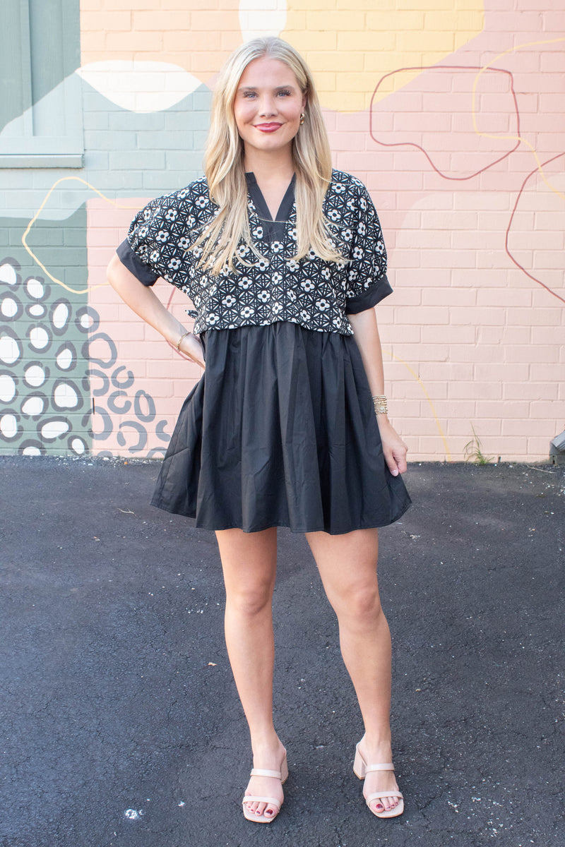 Elliana Mix Media Peplum Dress, Black