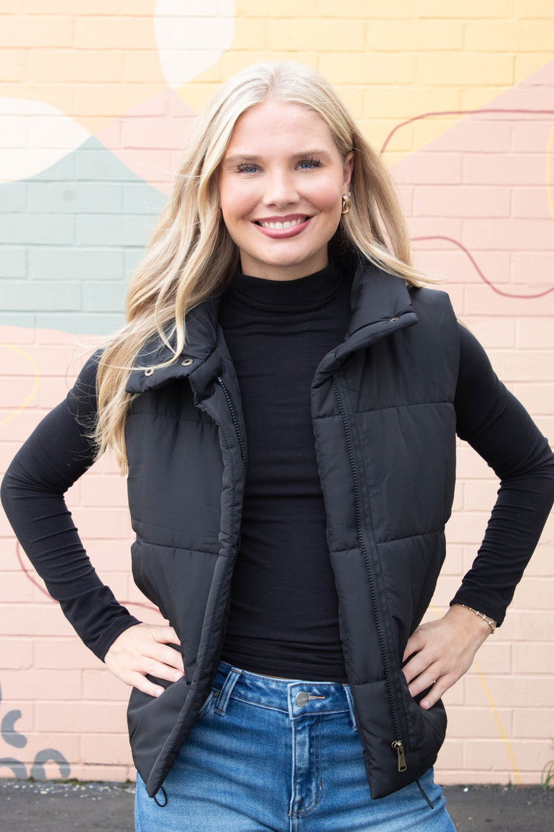 Liv Solid Zip Up Puffer Vest, Black