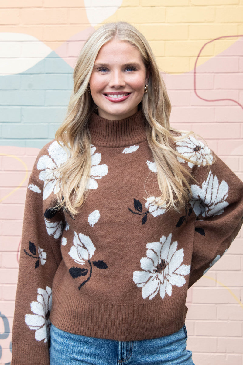 Sutton Floral Mock Neck Sweater, Brown Mix