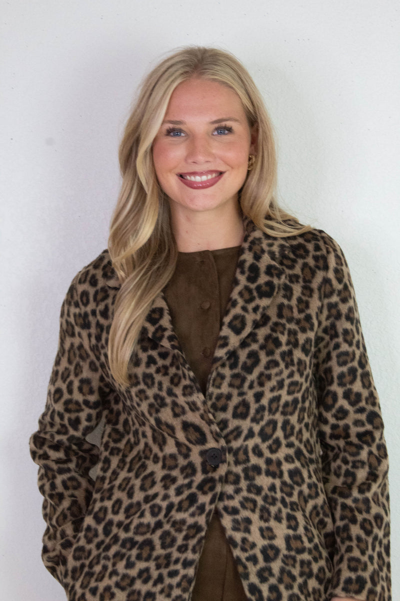 Natalie Leopard Print Long Coat, Brown