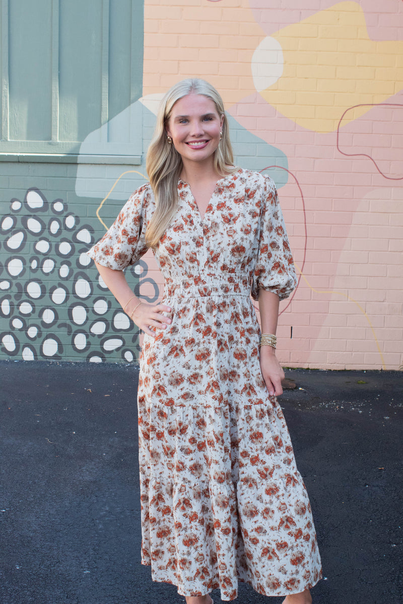 Arya Split Neck Printed Dress, Cream/Rust