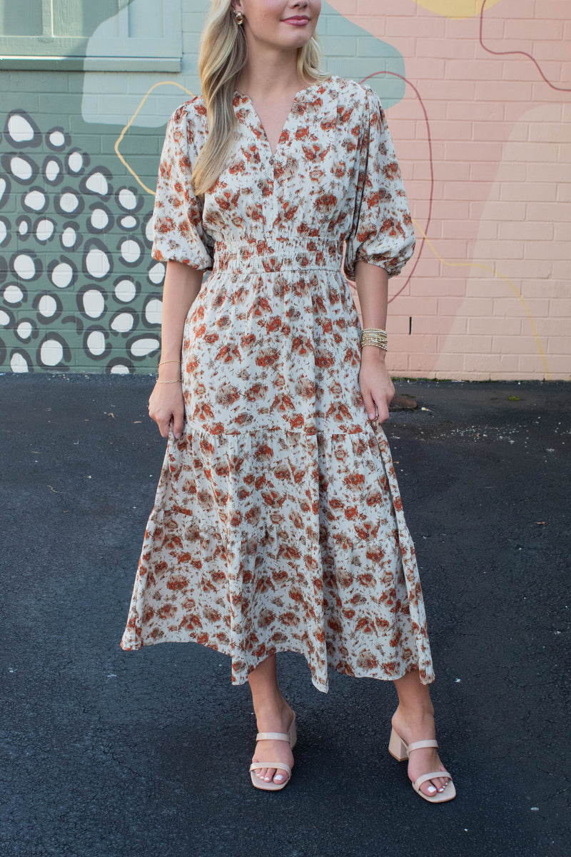 Arya Split Neck Printed Dress, Cream/Rust