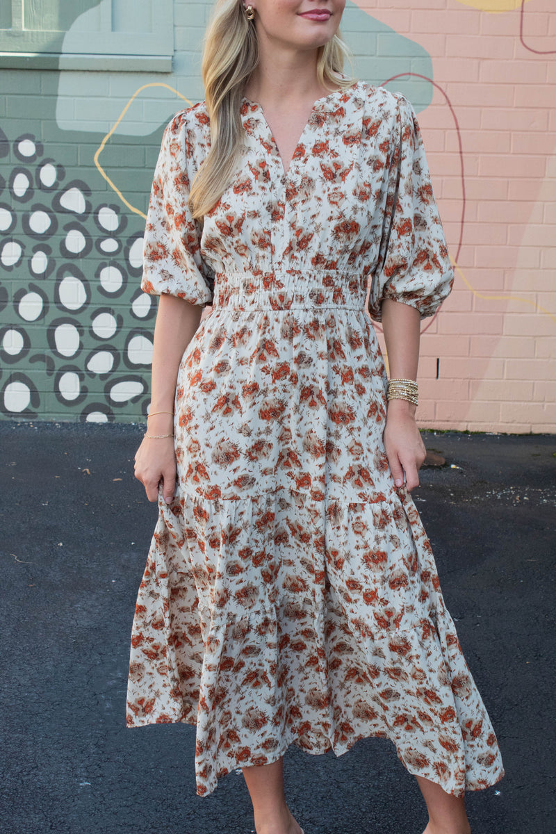 Arya Split Neck Printed Dress, Cream/Rust