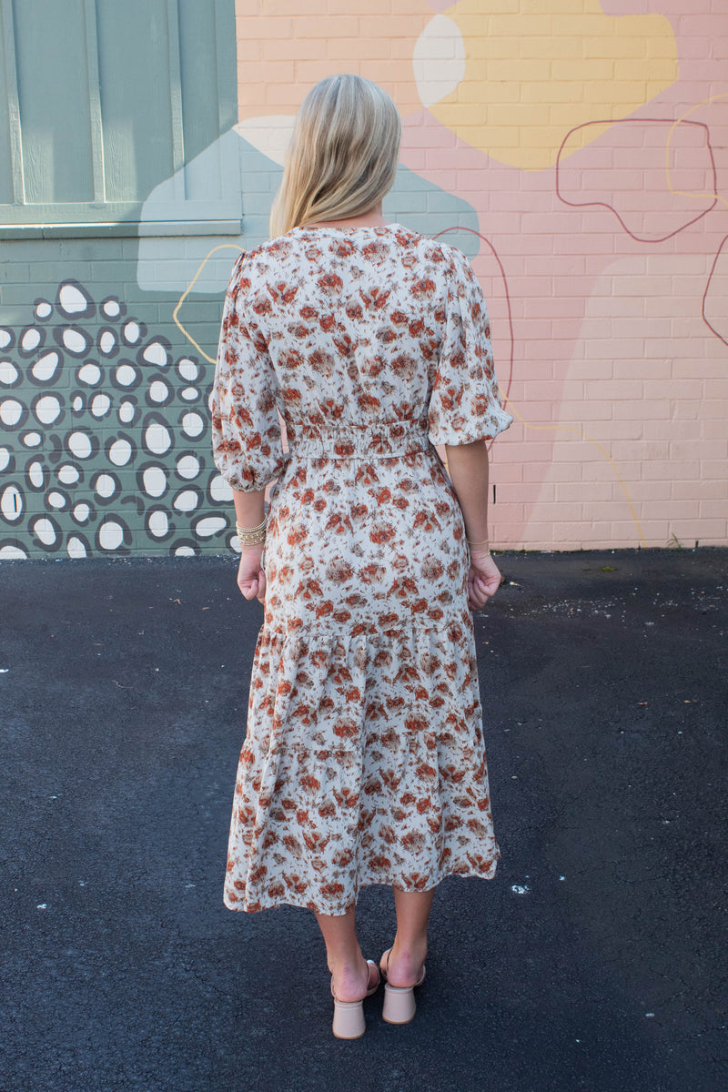 Arya Split Neck Printed Dress, Cream/Rust