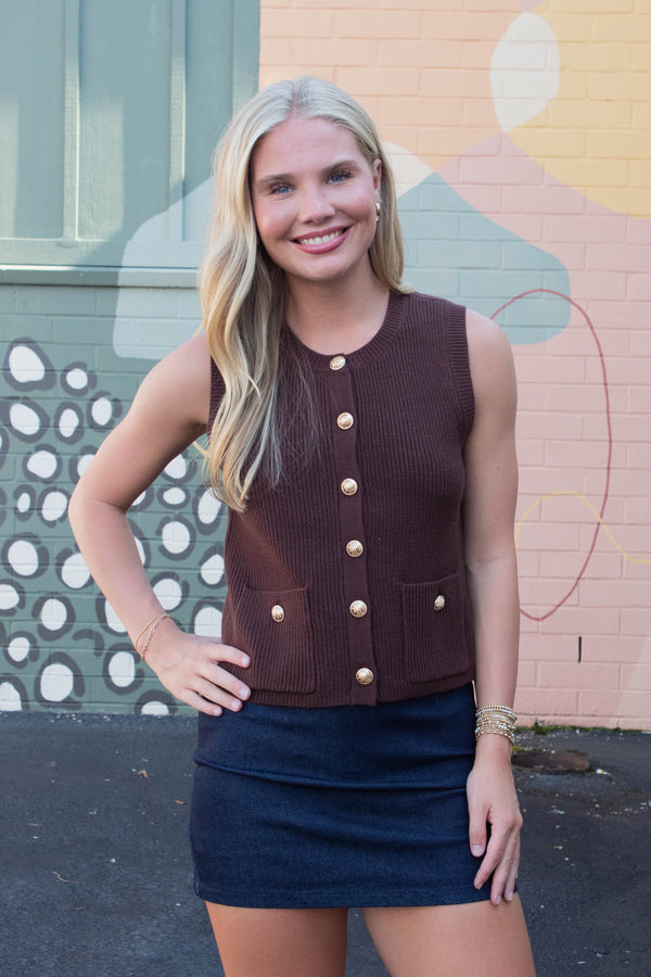 Aliya Gold Button Sweater Vest, Chocolate | Steve Madden
