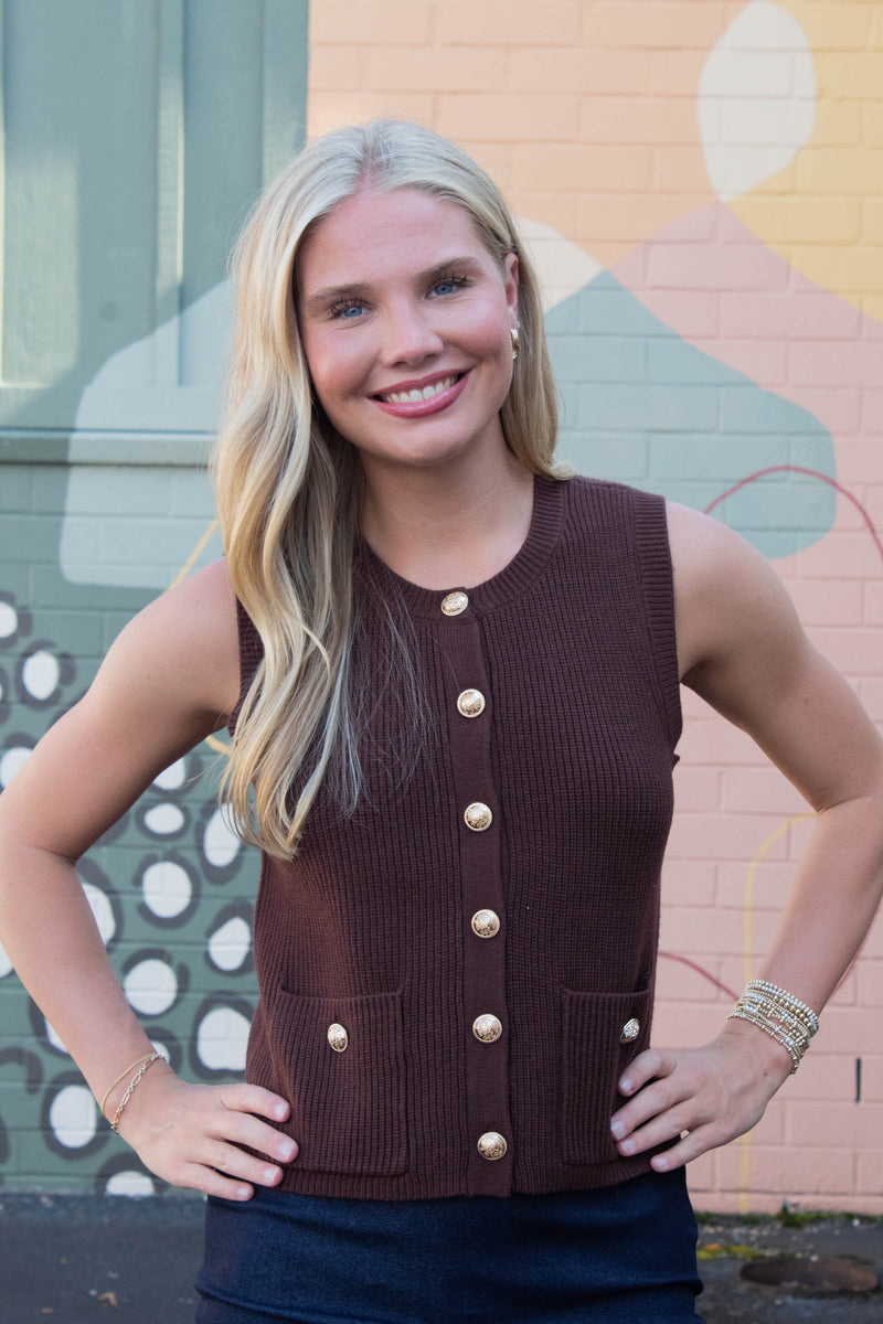 Aliya Gold Button Sweater Vest, Chocolate | Steve Madden