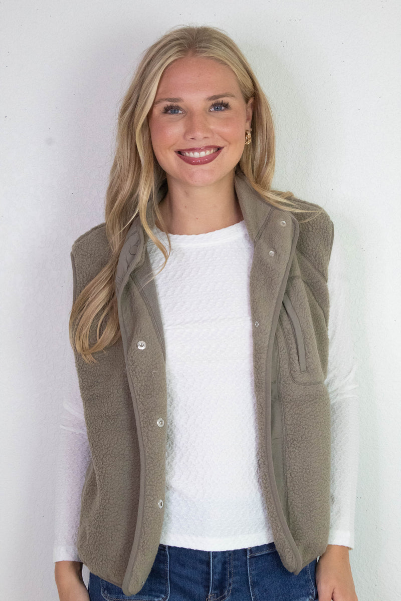 Elena Fleece Button Up Vest, Olive