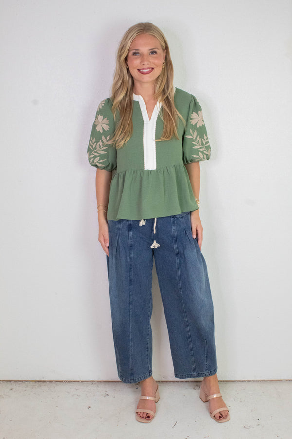 Bella Embroidered Peplum Blouse, Basil Green