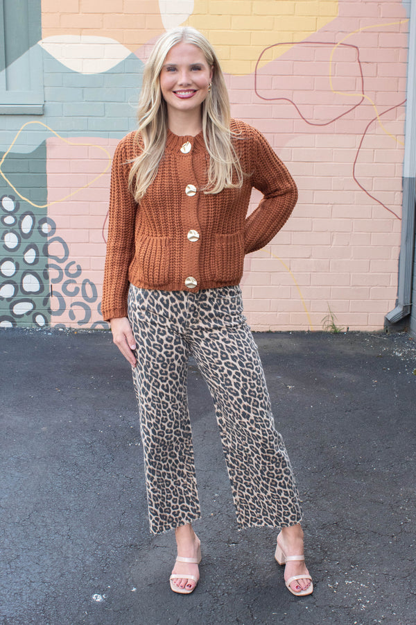 Clara Gold Button Cardigan, Almond