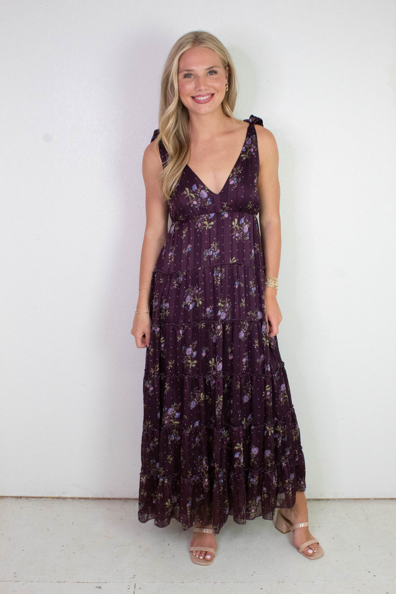 Gigi Tie Strap Printed Maxi Dress, Plum Multi Floral