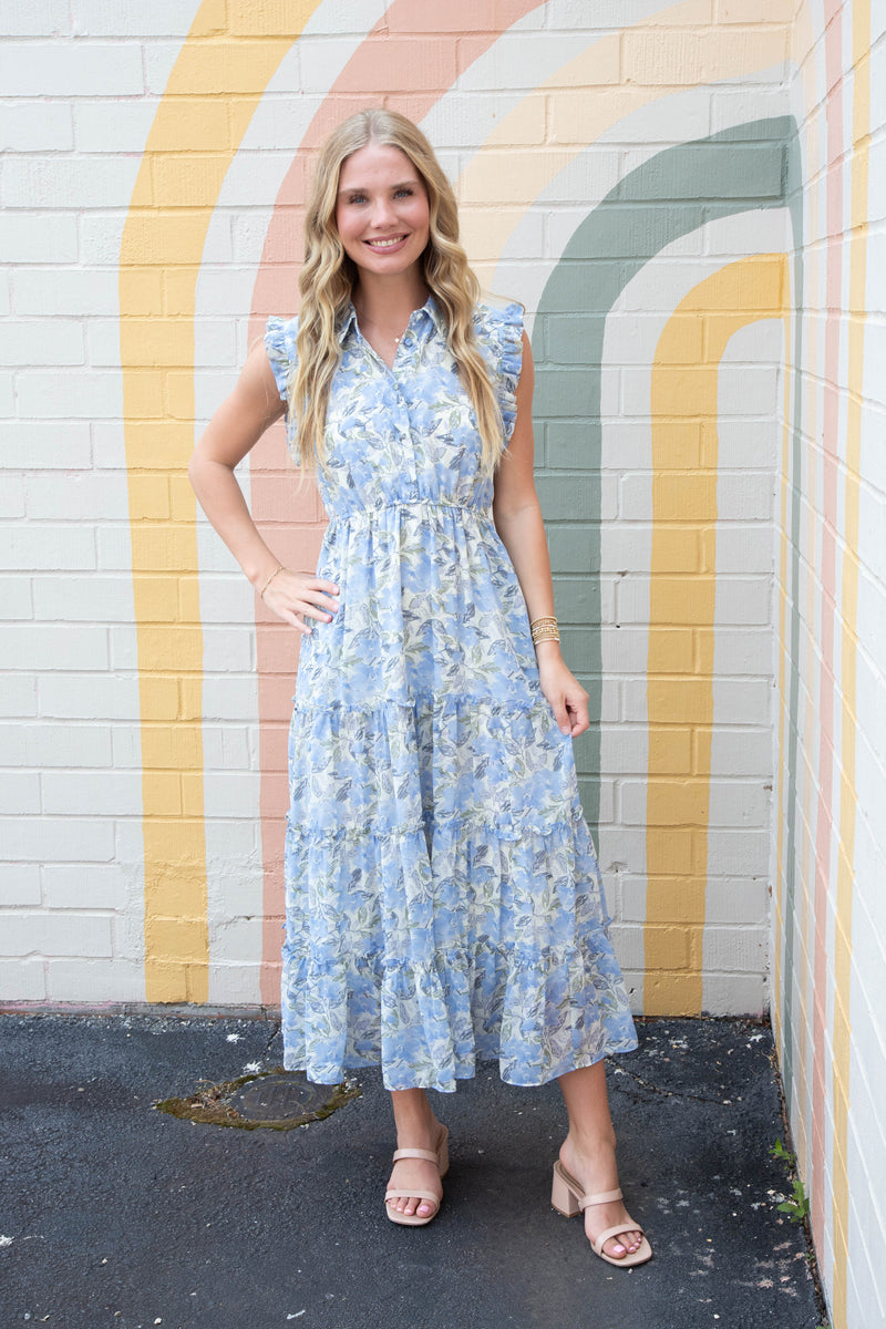 Novah Floral Print Collared Midi Dress, Blue