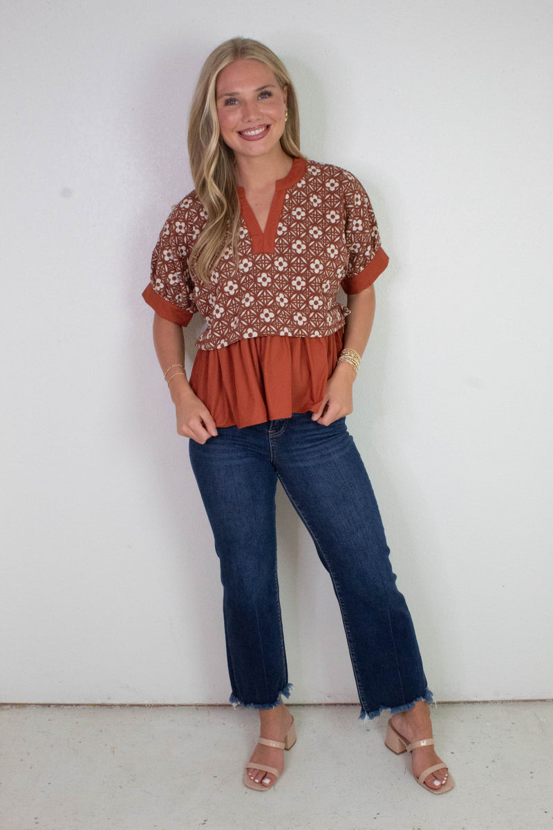 Harriet Mix Media Peplum Top, Rust