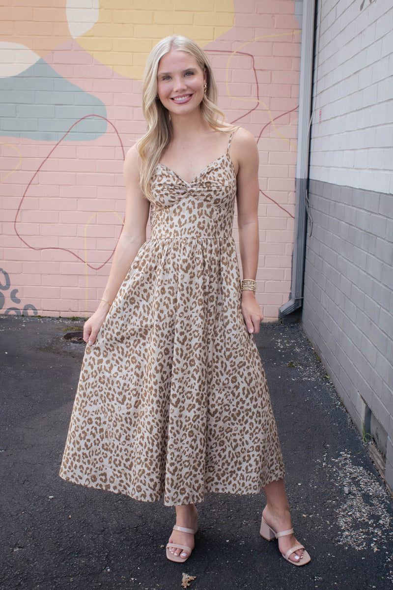 Claire Leopard Print Midi Dress, Taupe