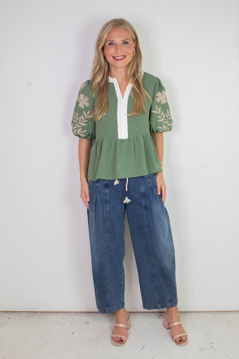 Raya Drawstring Barrel Leg Pants, Washed Denim