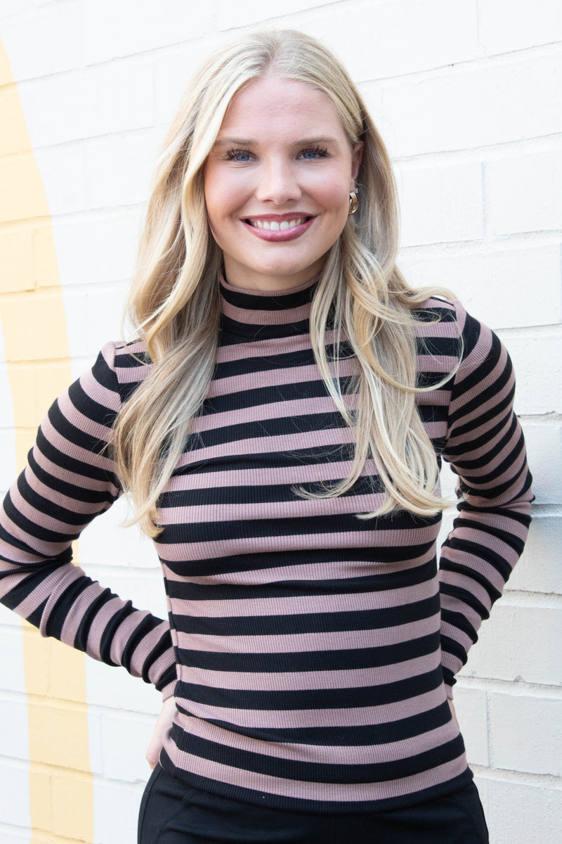 Mock Neck Essential Top, Mocha/Black Stripe | Sanctuary