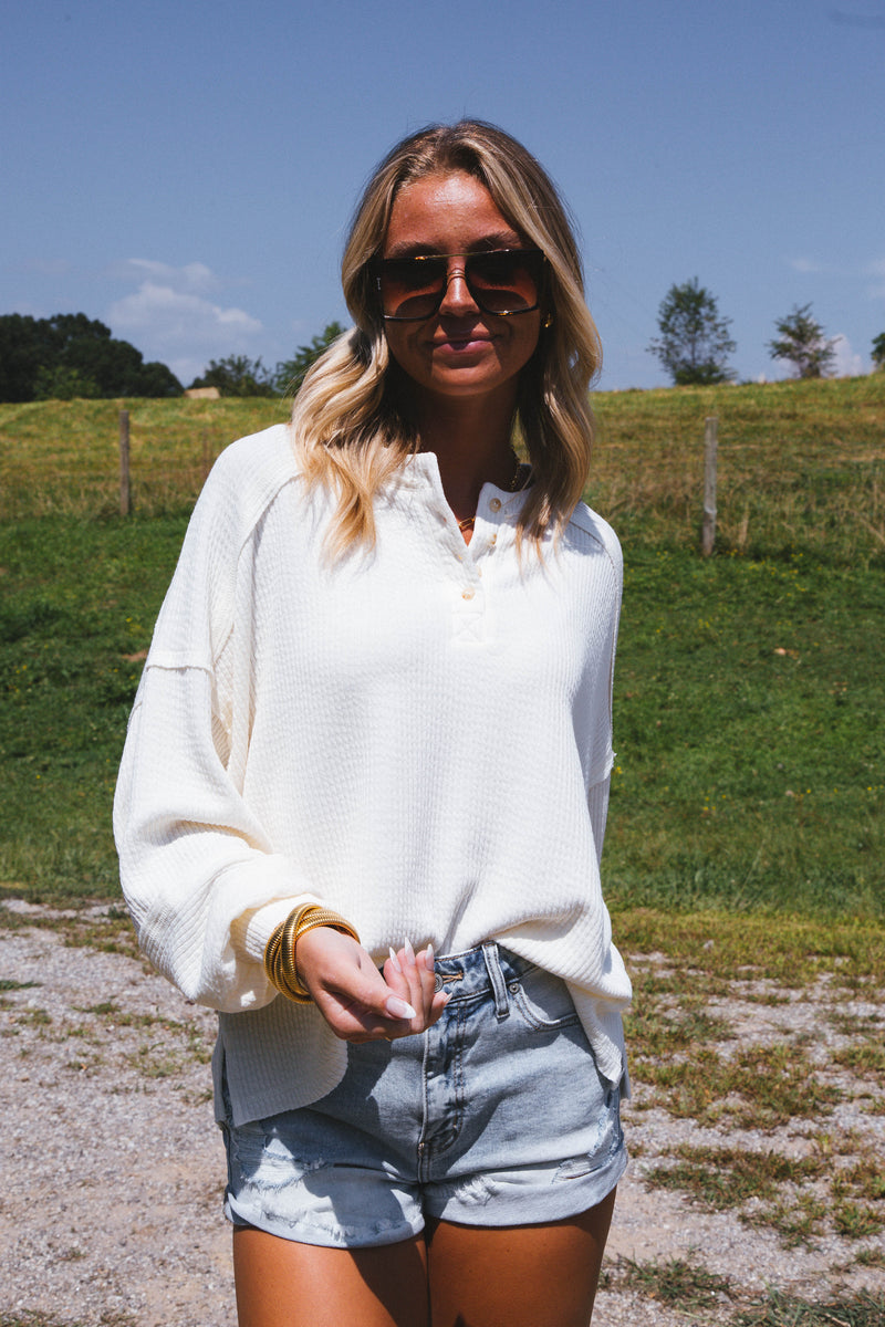 Fireside Knit Henley Top, Cream