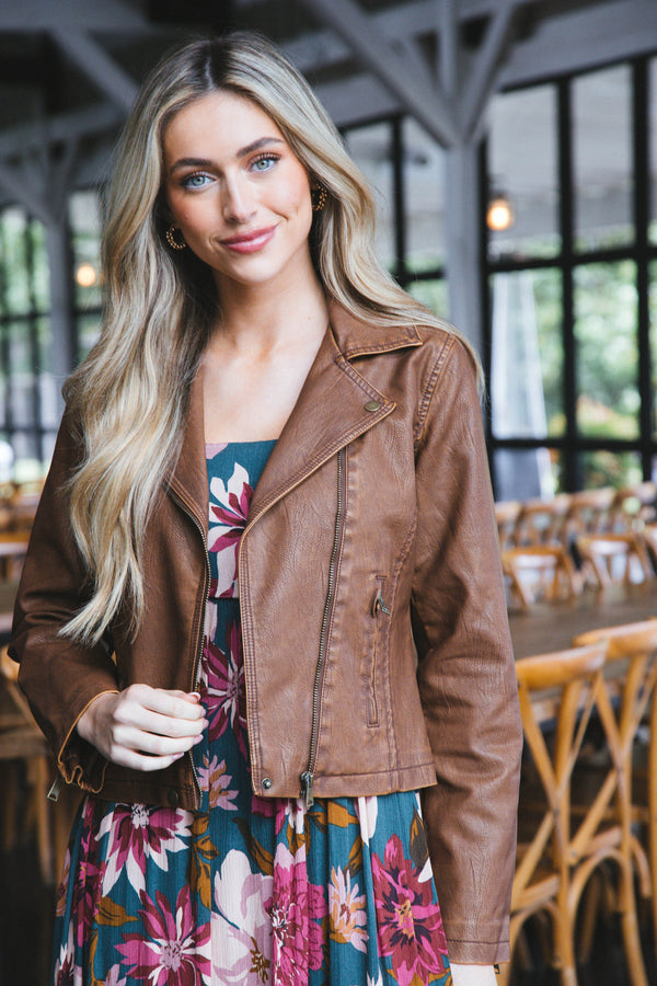 Peyton Faux Leather Moto Jacket, Brown