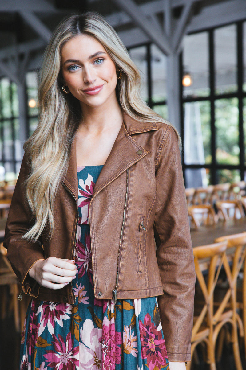 Peyton Faux Leather Moto Jacket, Brown