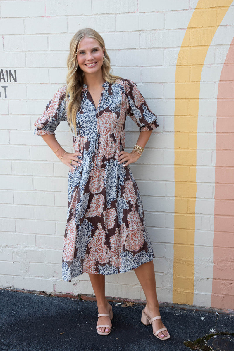 Amaris Paisley Print Midi Dress, Brown