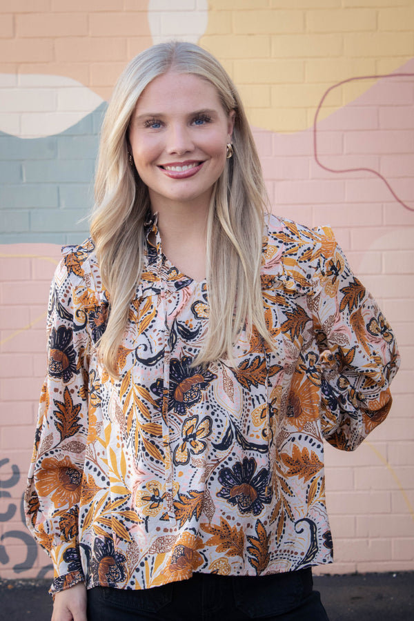 Farren Bold Botanical Print Blouse, Beige Multi