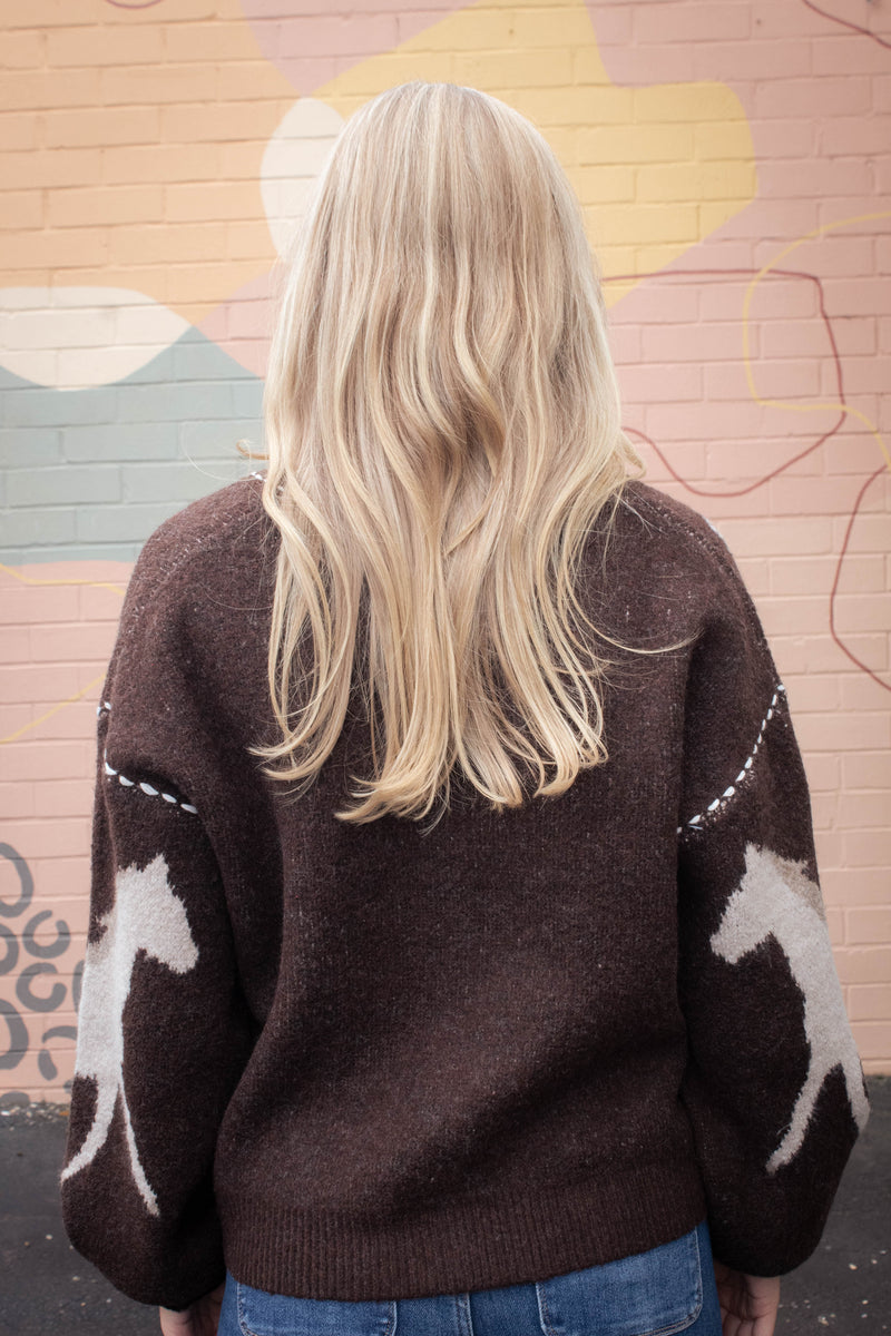 Rebekah Contrast Stitch Horse Cardigan, Brown