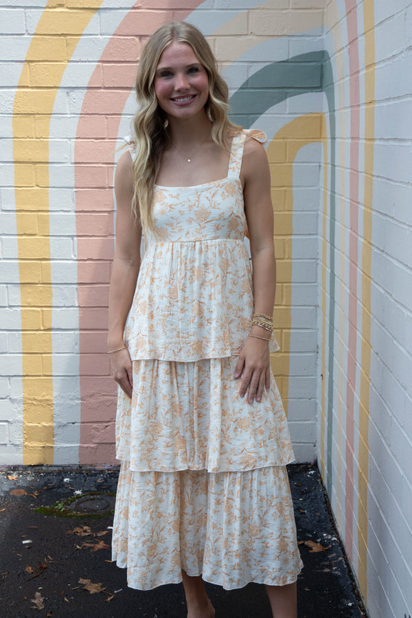 Flora Tie Strap Ruffled Midi Dress, Apricot Multi