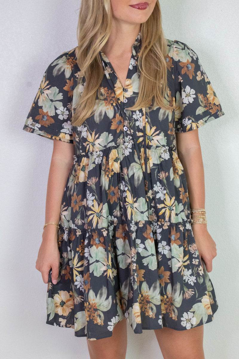 Samantha Floral Tiered Mini Dress, Charcoal