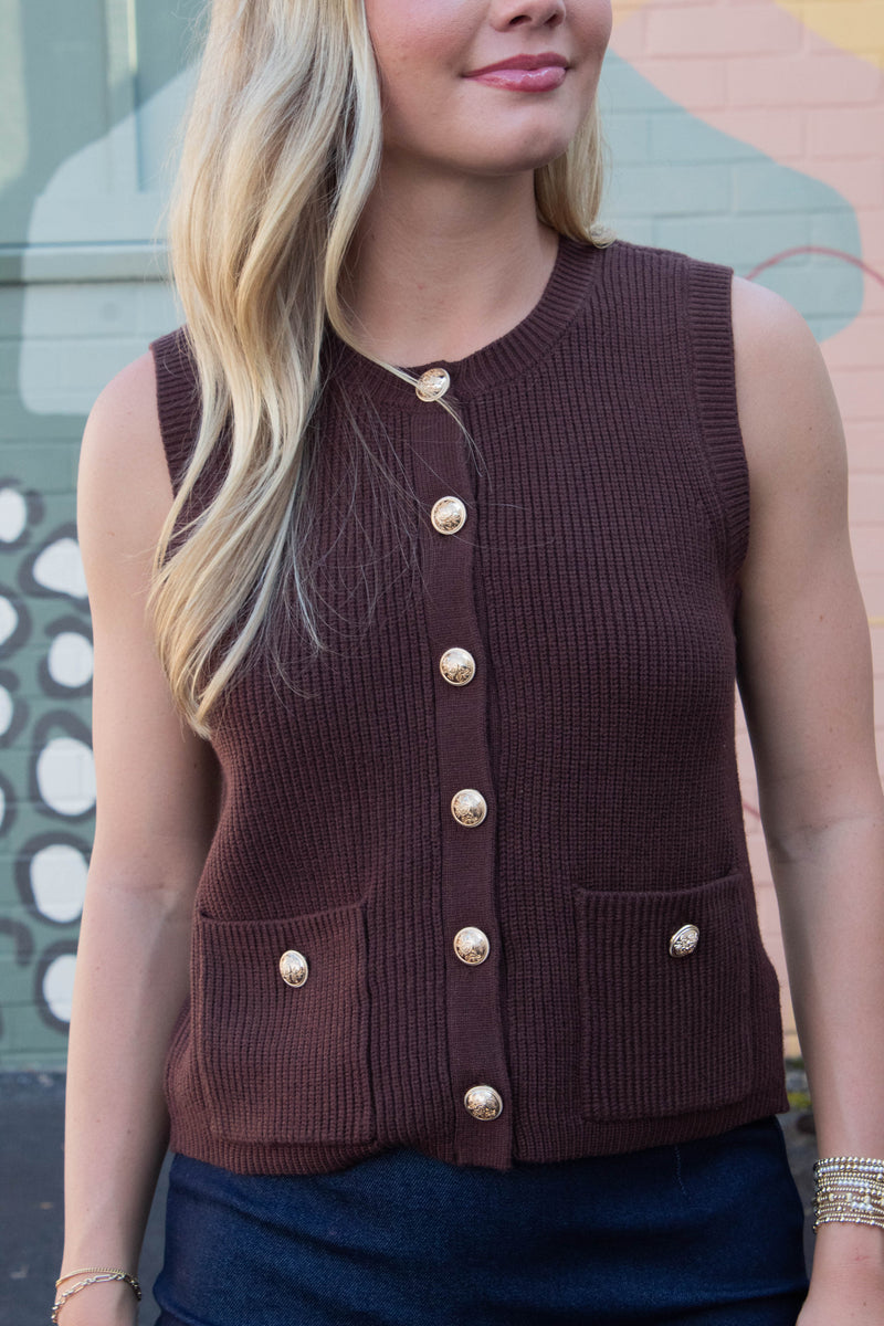 Aliya Gold Button Sweater Vest, Chocolate | Steve Madden
