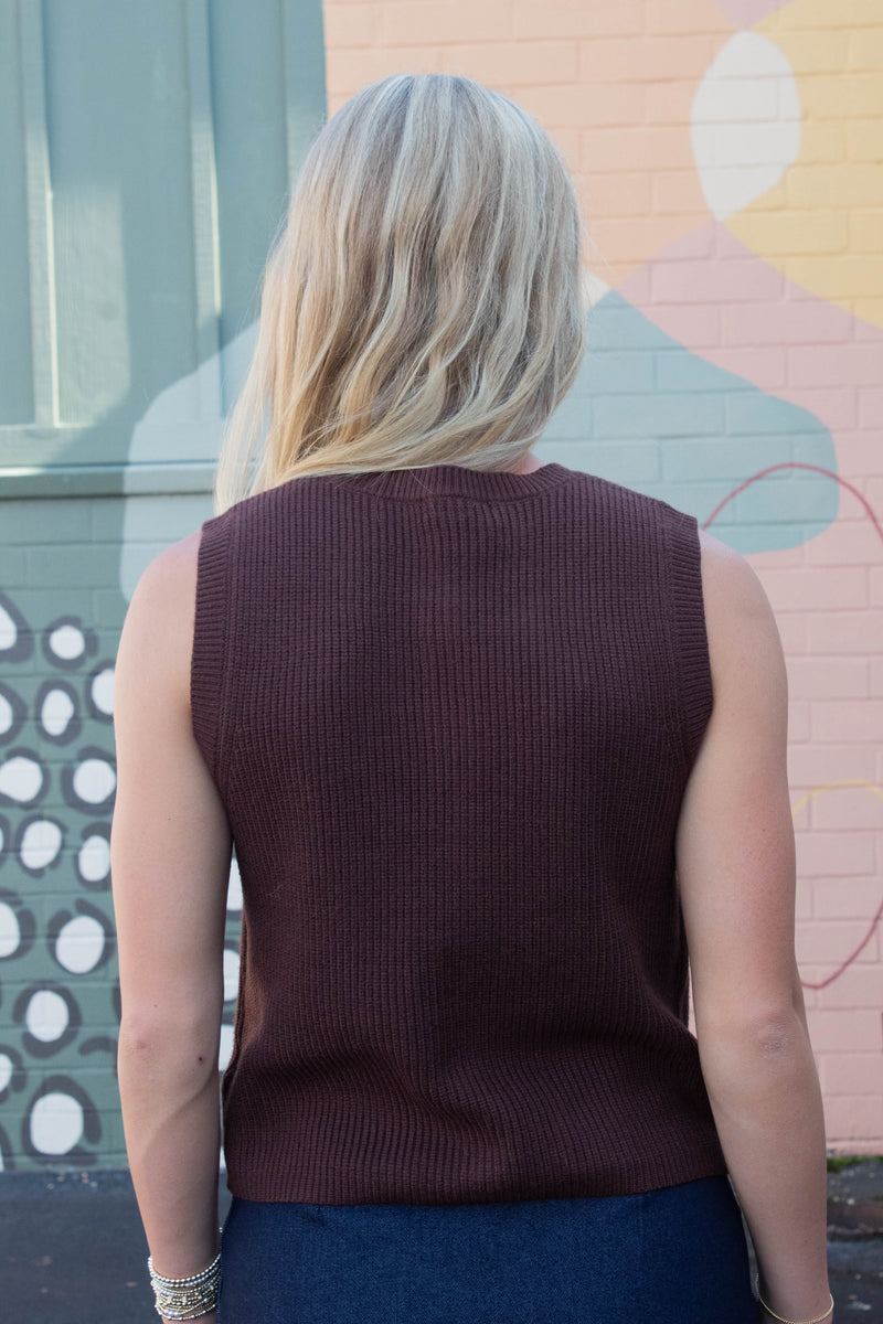 Aliya Gold Button Sweater Vest, Chocolate | Steve Madden