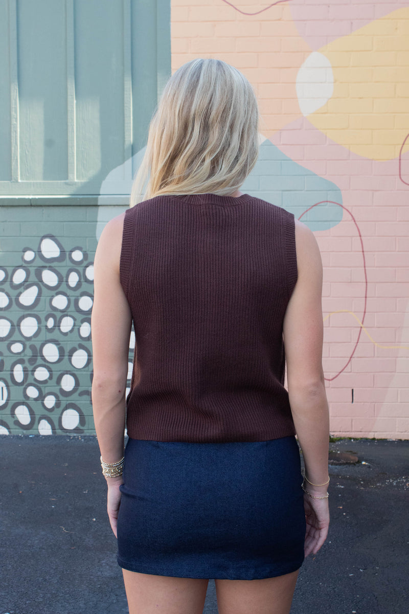 Aliya Gold Button Sweater Vest, Chocolate | Steve Madden