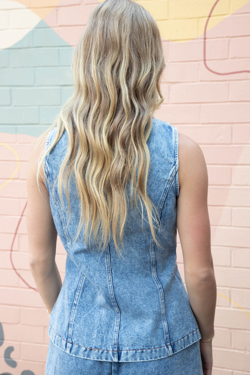 Khaleesi Button Down Denim Vest, Light Denim