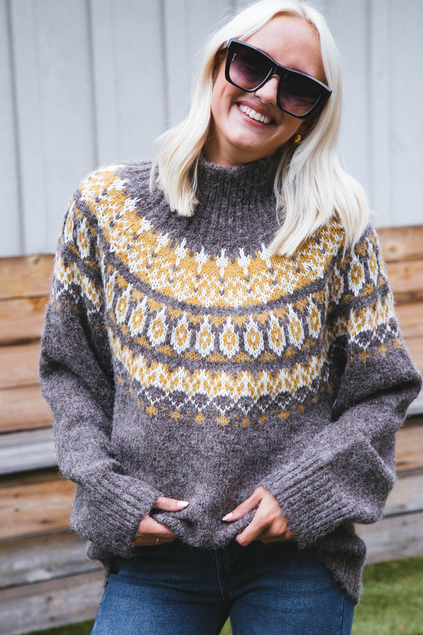 Jeanine Geometric Knit Sweater, Brown Multi