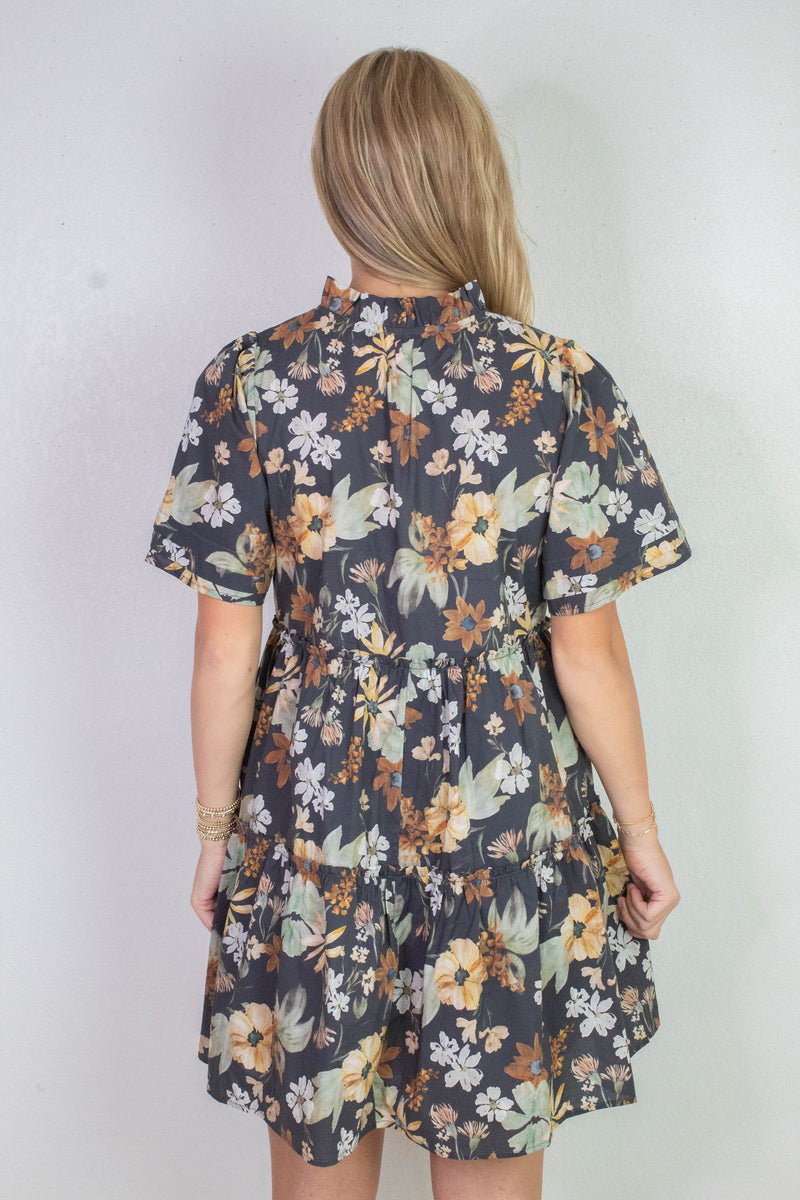 Samantha Floral Tiered Mini Dress, Charcoal