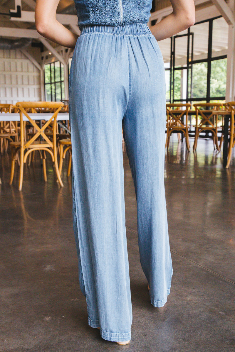 Kylie Pleated Detail Pants, Chambray