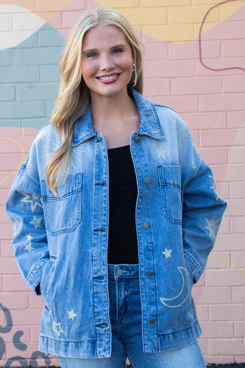 Ashley Embroidered Denim Jacket, Medium Wash