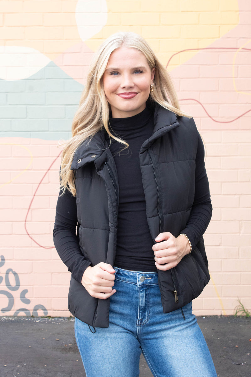 Liv Solid Zip Up Puffer Vest, Black