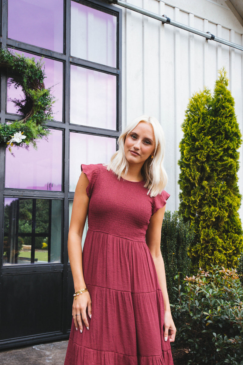 Celene Smocked Midi Dress, Raspberry