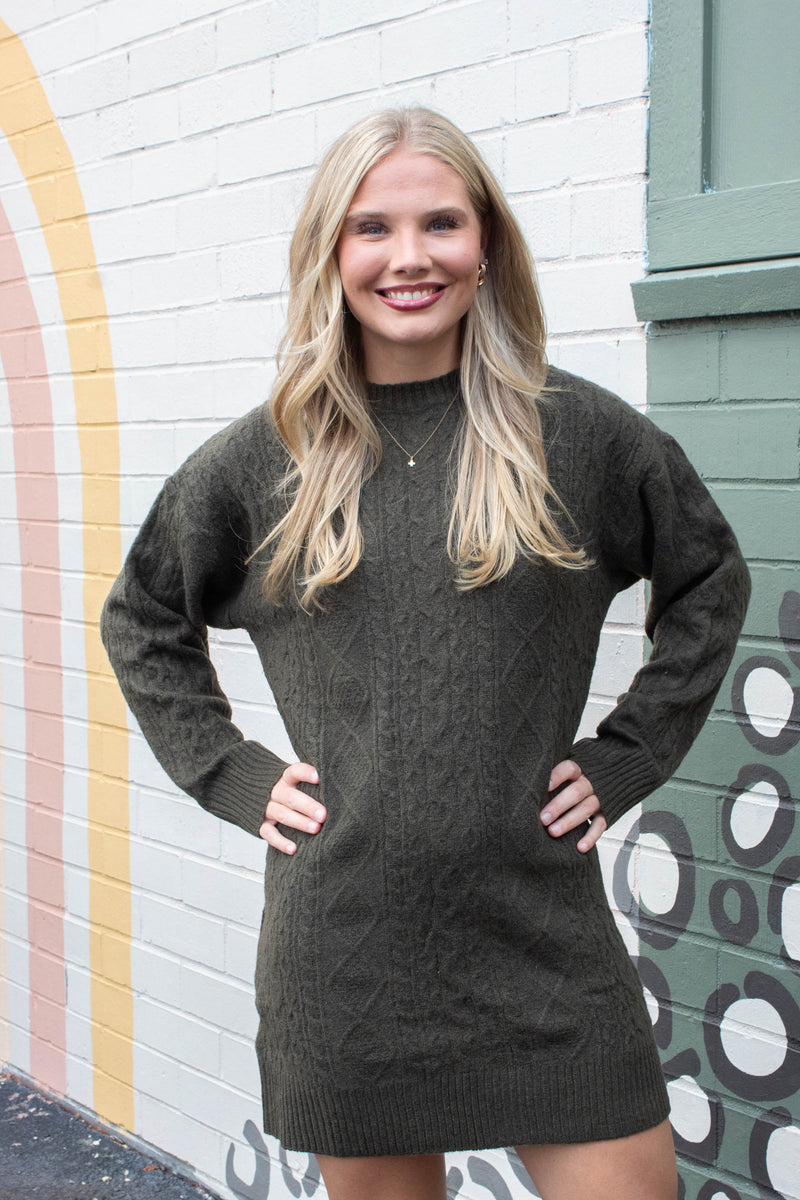 Kehlani Cable Knit Sweater Dress, Olive