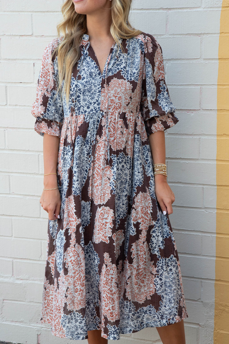 Amaris Paisley Print Midi Dress, Brown
