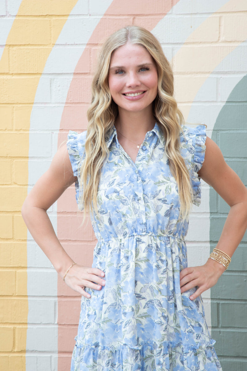 Novah Floral Print Collared Midi Dress, Blue