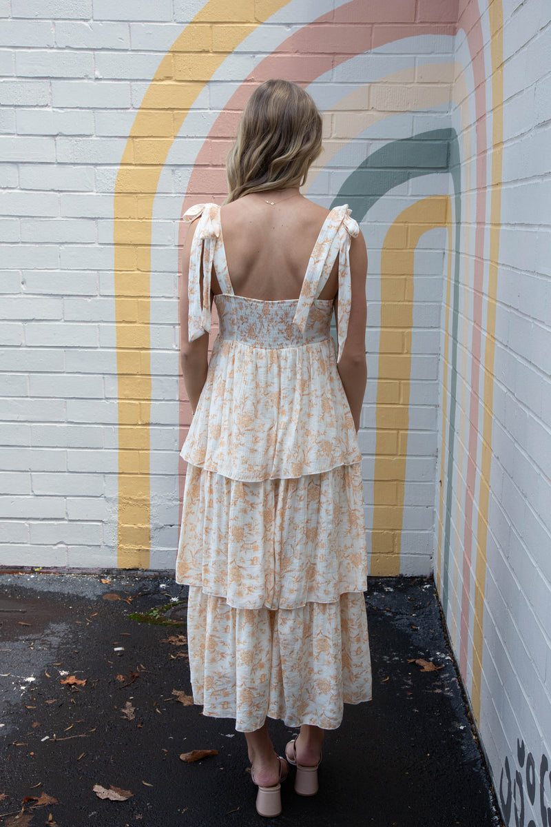 Flora Tie Strap Ruffled Midi Dress, Apricot Multi