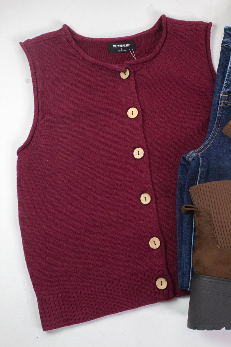 Lina Raw Edge Cardigan Vest, Burgundy