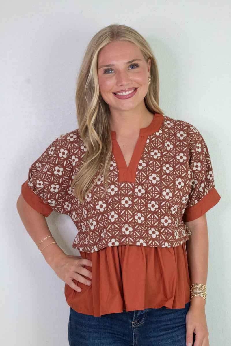 Harriet Mix Media Peplum Top, Rust
