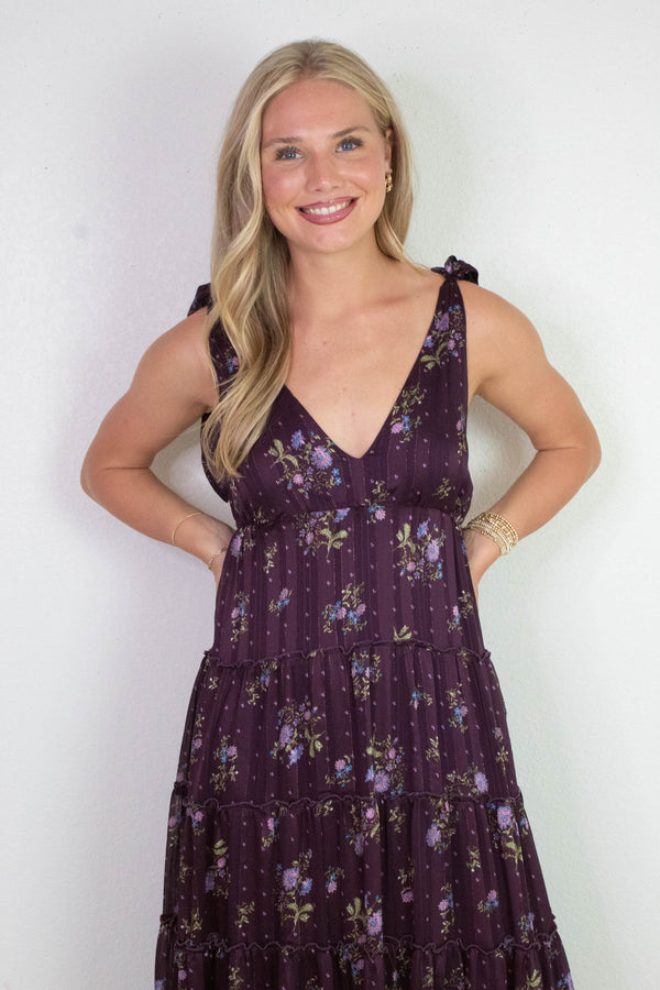 Gigi Tie Strap Printed Maxi Dress, Plum Multi Floral