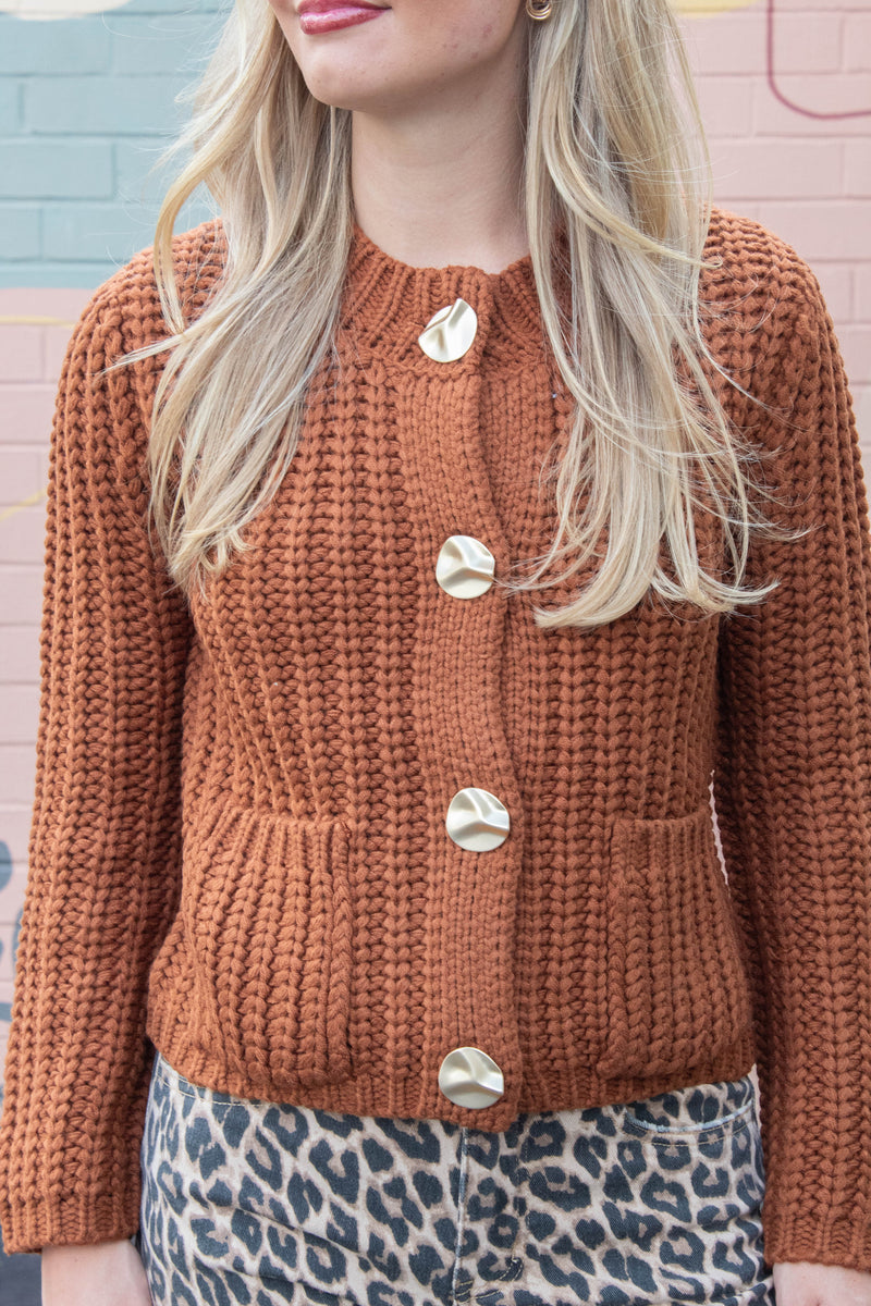 Clara Gold Button Cardigan, Almond