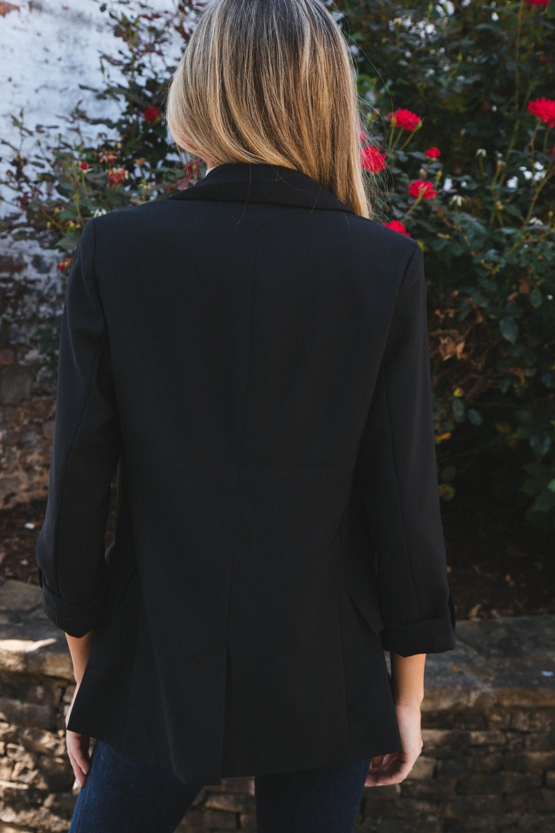 Ava Rolled Sleeve Open Blazer, Black