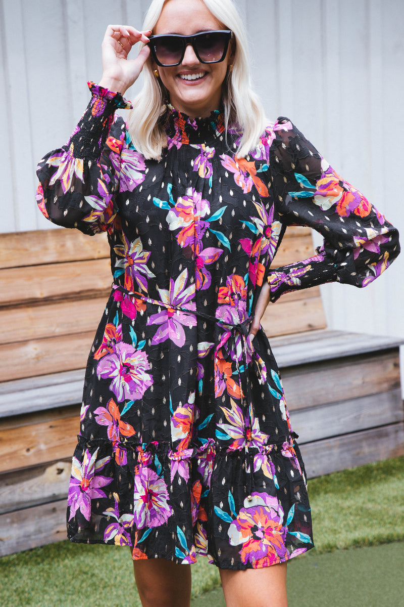 Helia Floral Dress, Black Multi