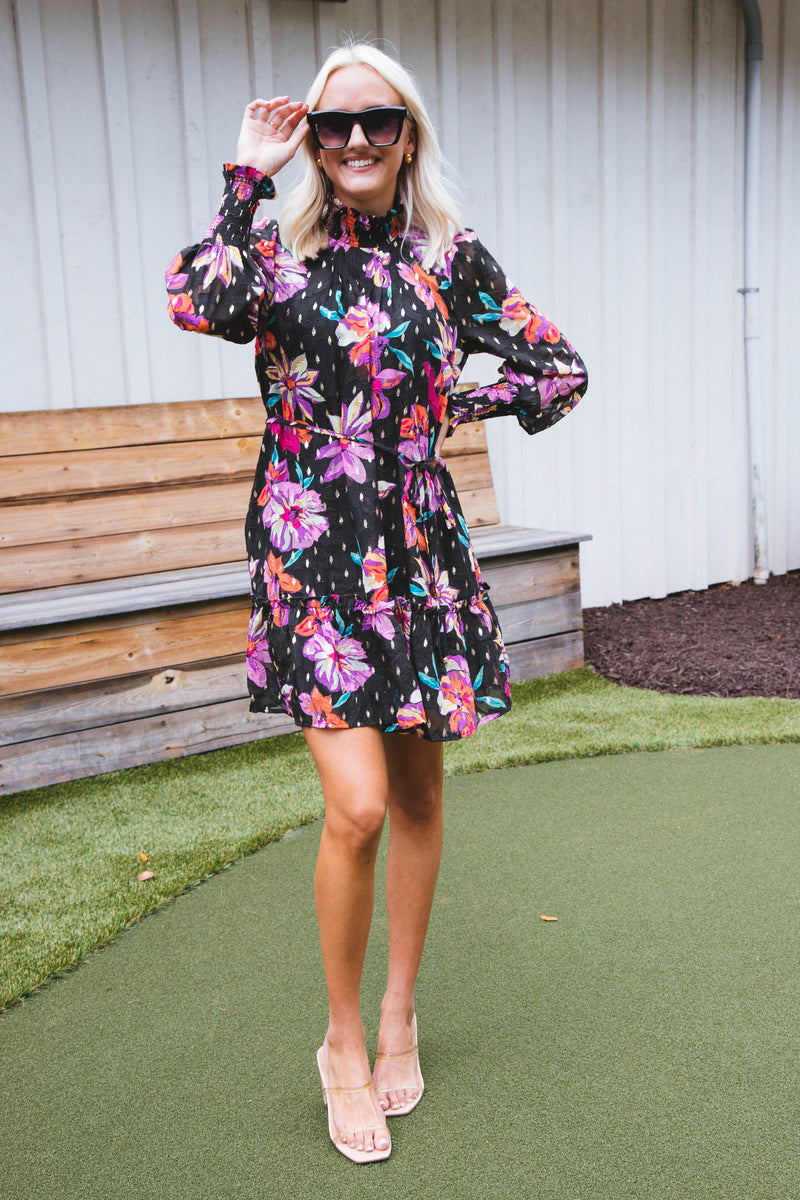 Helia Floral Dress, Black Multi