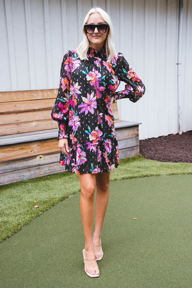 Helia Floral Dress, Black Multi